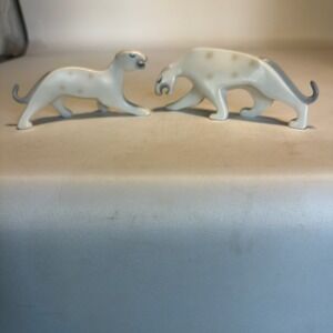 Vintage MCM White Porcelain Spotted Leopard Jaguar Figurines Japan - Set of 2